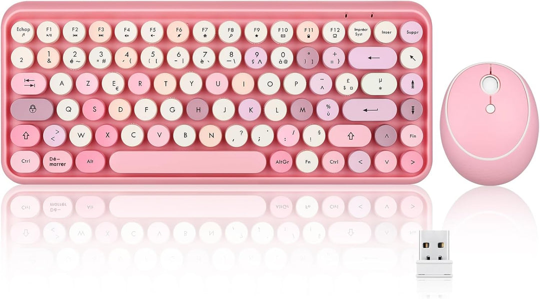 Perixx PERIDUO-713 Mini-Tastatur und Maus, kabellos, 2,4 GHz, Retro-Stil, rund, Pastellrosa, AZERTY