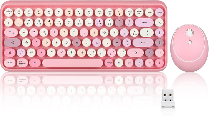 Perixx PERIDUO-713 Mini-Tastatur und Maus, kabellos, 2,4 GHz, Retro-Stil, rund, Pastellrosa, AZERTY