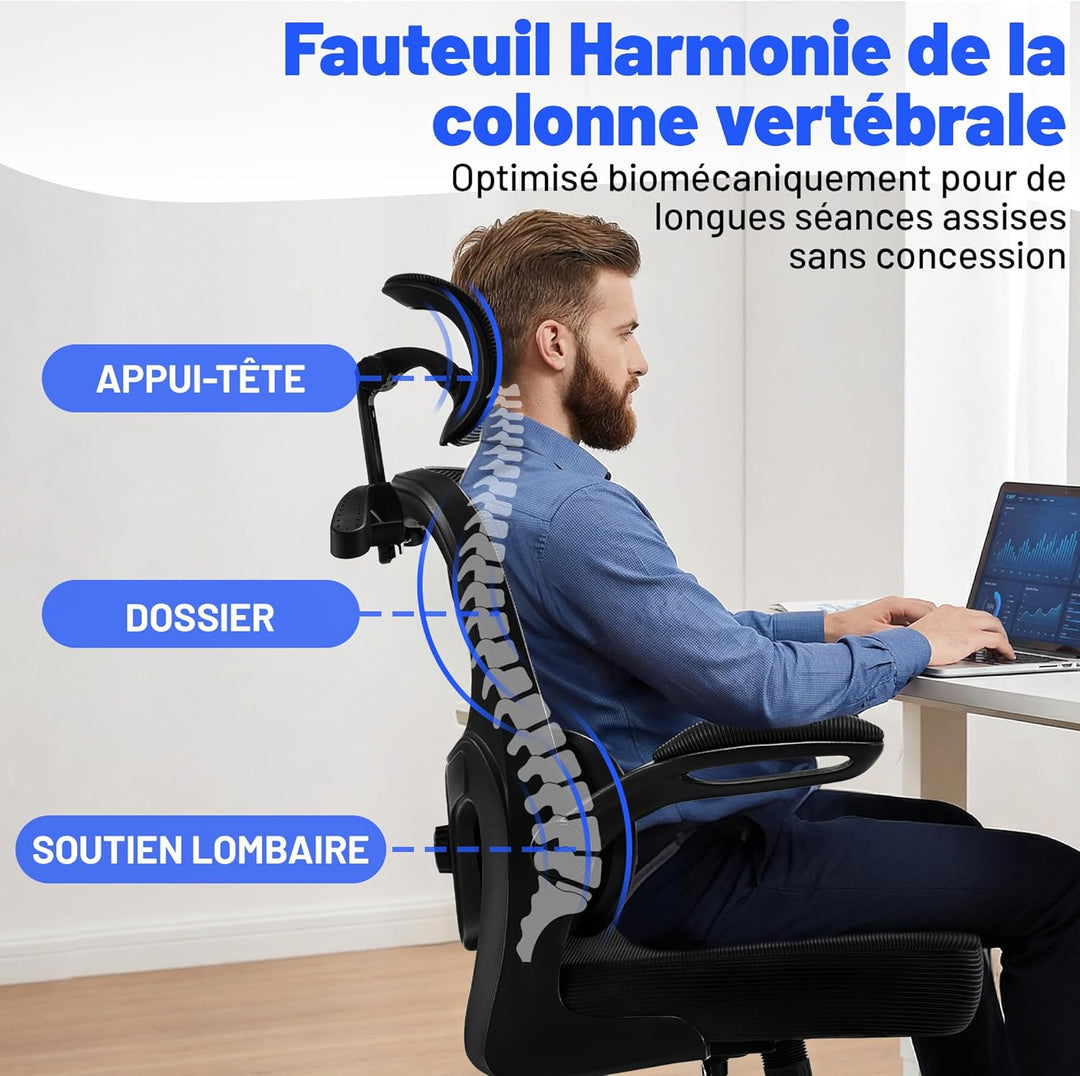 Bürostuhl Ergonomisch mit Kopfstütze, Verstellbarer Lendenwirbelstütze & Netzbespannung, Höhenverste