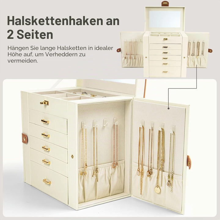 KAMIER Schmuckkästchen für Damen, grosse Schmuckschatulle mit 6 Ebenen, Schmuckbox mit Spiegel und 5