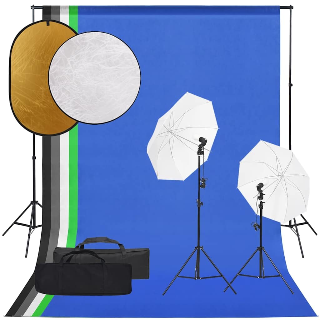 Fotostudio-Set mit Beleuchtung, Hintergrund und Reflektor für professionelle Porträt- und Produktfot