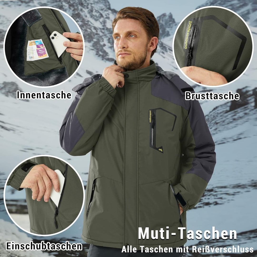 KEFITEVD Herren Skijacke Atmungsaktiv Warm Gefüttert Winterjacke mit Abnehmbarer Kapuze Snowboardjac