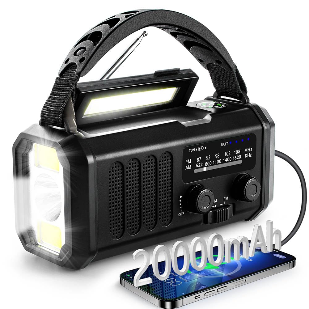 Tragbares Notfallradio 20000 mAh, SOS-Alarm, FM/AM-Radio mit Leselampe, Kompass, Kurbelgenerator und