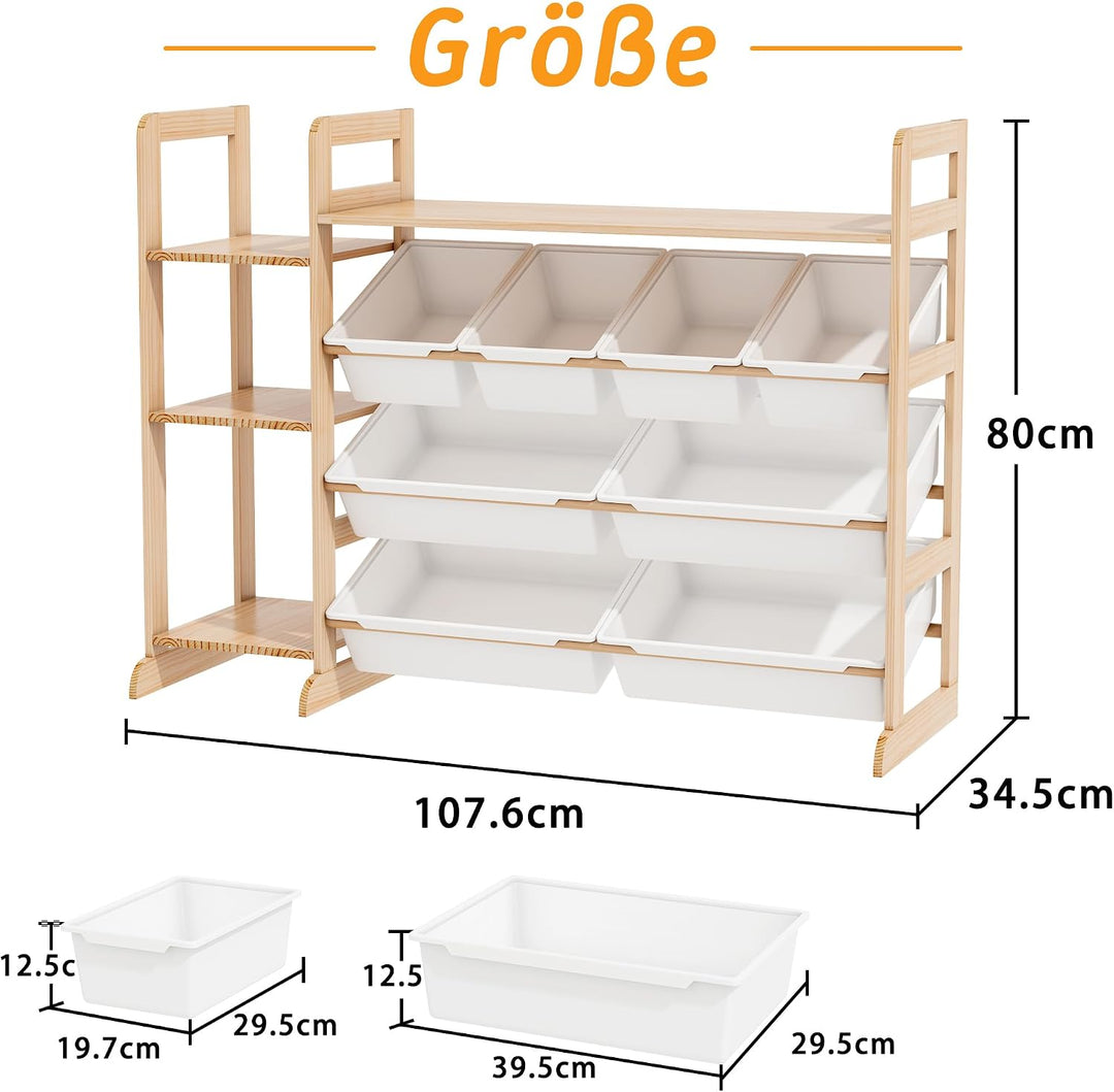 Spielzeug-Organizer mit 4 Regalen und 8 Behältern, Kinderschrank Holz Bücherregal für Kinder Aufbewa