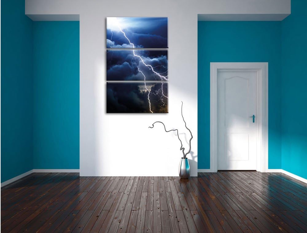Pixxprint Blitze am Himmel 3-Teiler Leinwandbild 120x80 Bild auf Leinwand