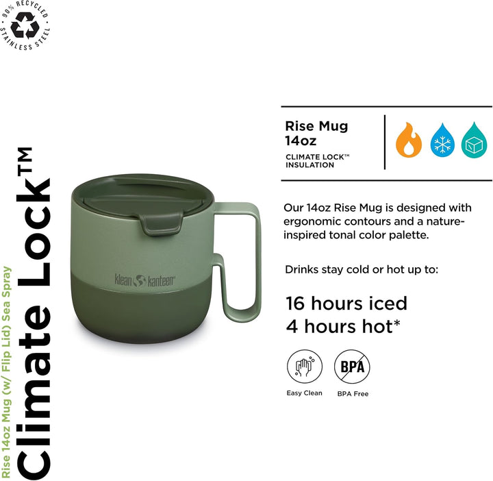 KleanKanteen RiseMug mit Flip Lid in der Farbe: Sea Spray, 414ml, aus Edelstahl hergestellt, spülmas