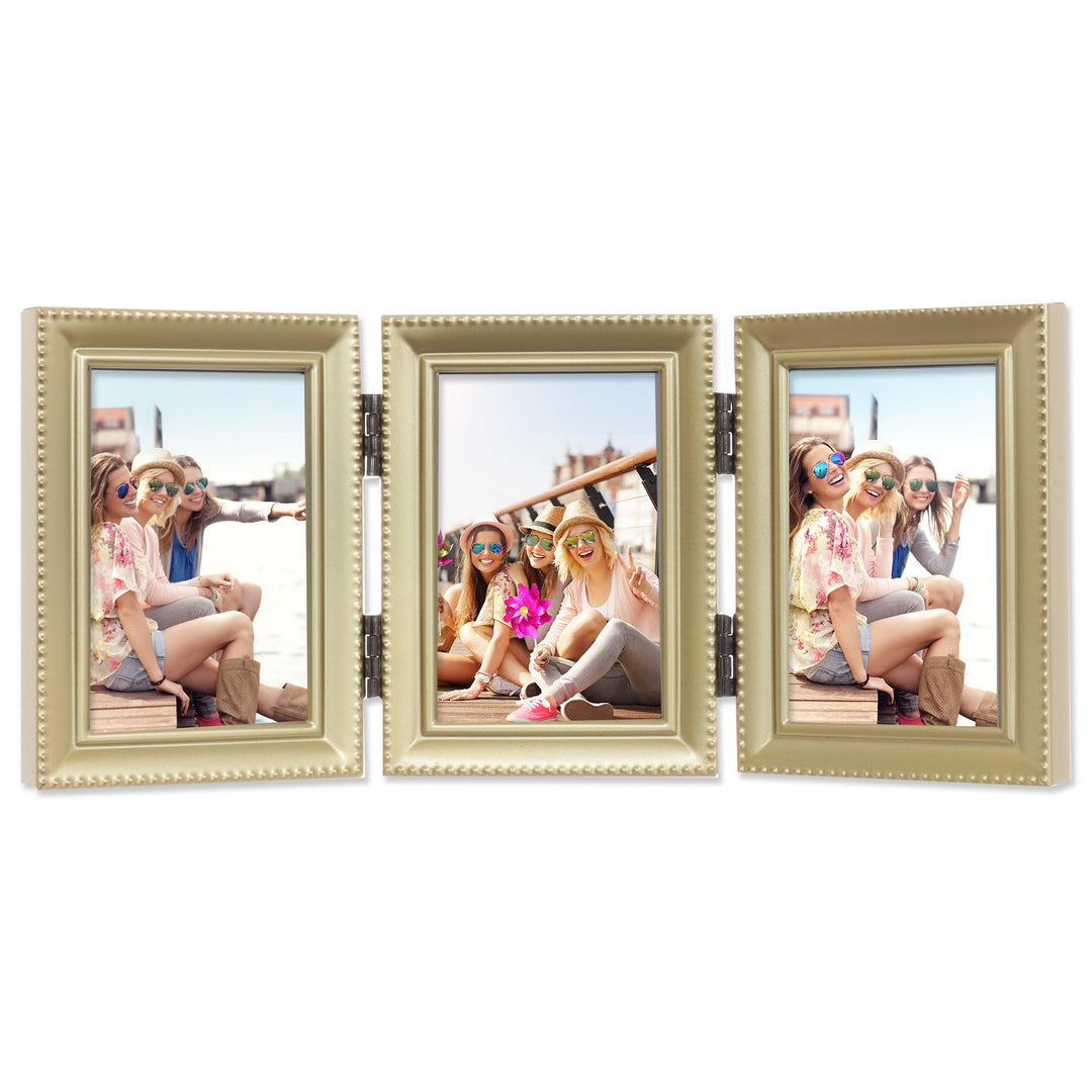 Lawrence Frames Bilderrahmen mit Scharnier, Antik-Gold, Messing, 5 x 7,6 cm, Perlenkante Goldfarben