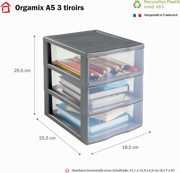 SUNDIS Orgamix, schubladenbox aus Kunststoff, 3 transparente Schubladen im Format A5, Höhe 25,5 cm,