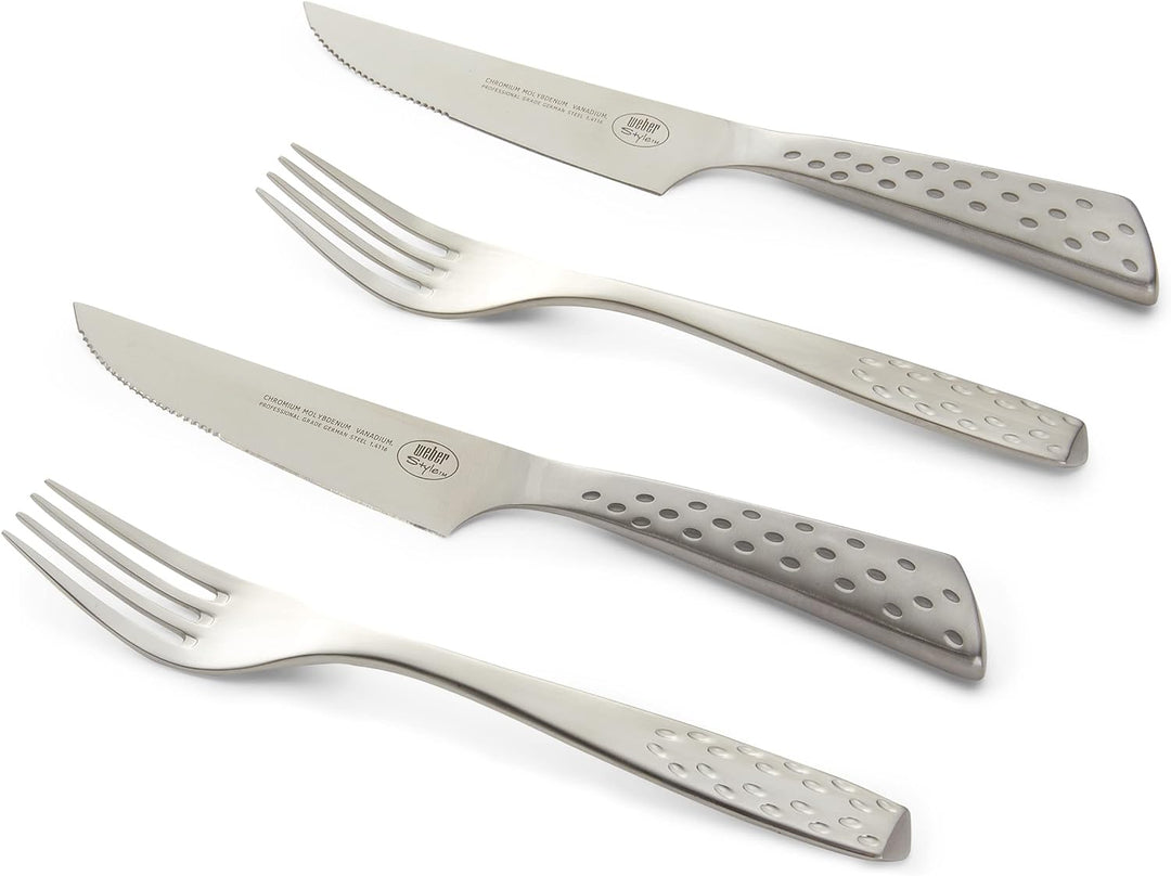 Weber 17077 Deluxe Steakbesteck Set, 4-teilig, Edelstahl, gezahnte Klinge, Silber