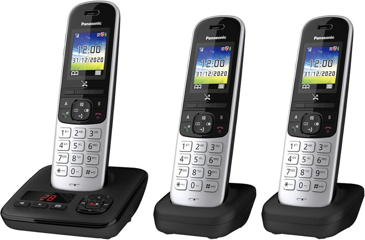 Panasonic KX-TGH723GS Schnurlostelefon mit Anrufbeantworter 3er Set (DECT Telefon, strahlungsarm, Fa