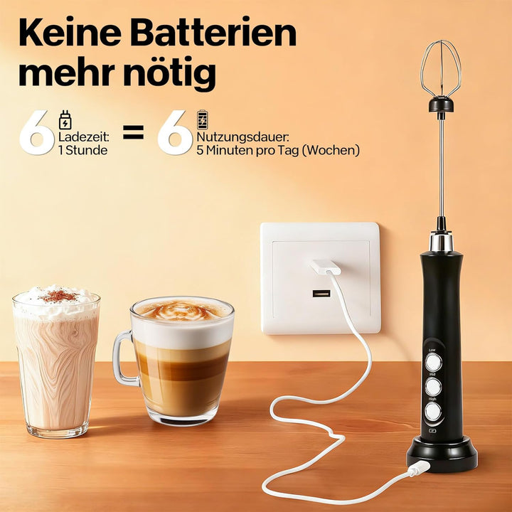 USB Elektrischer Milchaufschäumer mit Drei Rührköpfen, Elektrischer Handrührer, Elektrischer Milchau