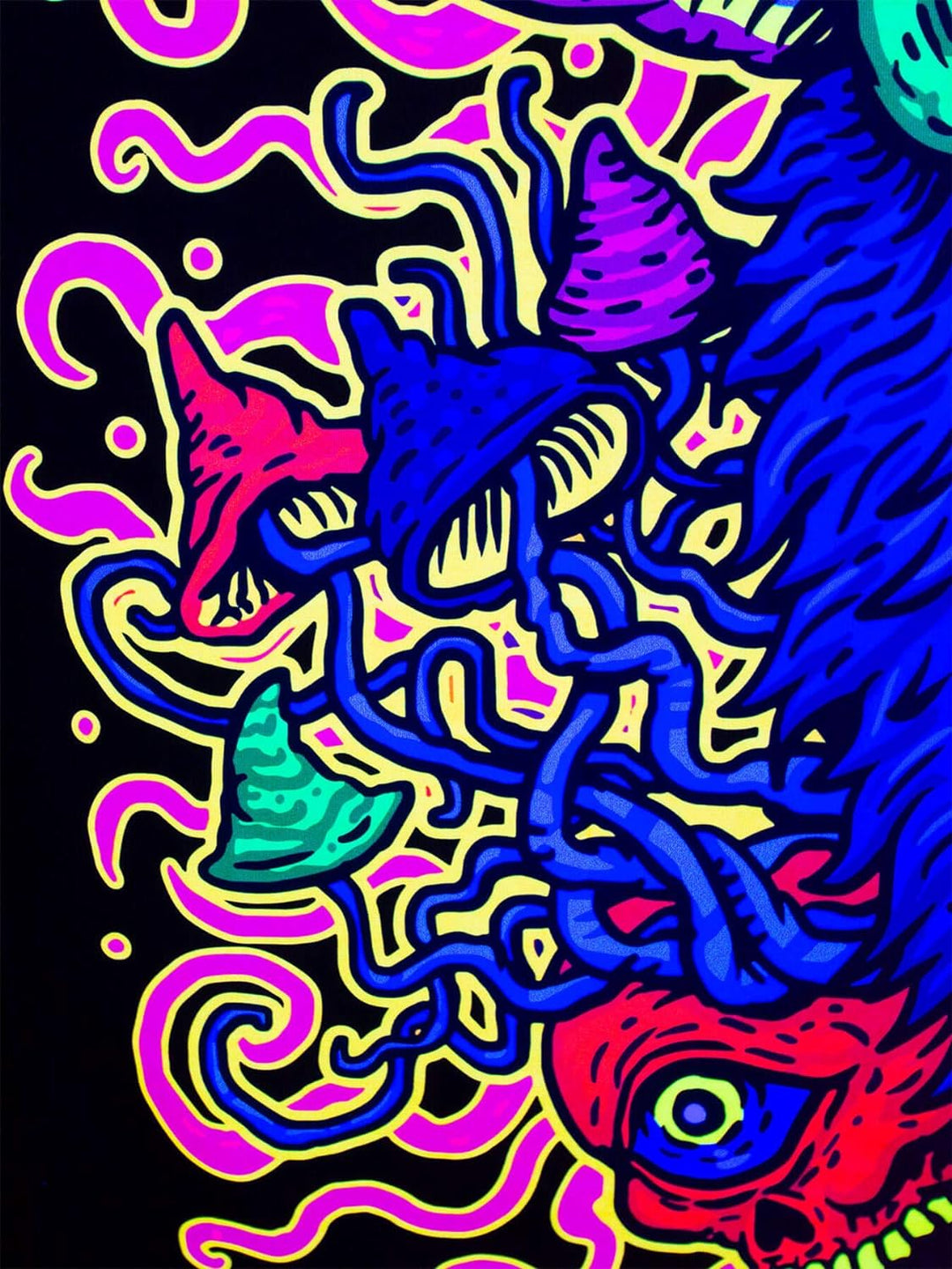 PSYWORK Schwarzlicht Stoffposter Neon | Mushroom Earth Troll | 1,0 x 1,4m | UV-aktiv | fluoreszieren