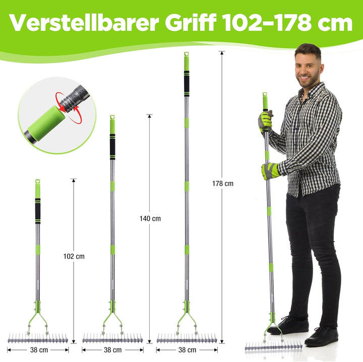 WORKPRO Laubrechen mit Stiel, 38cm Arbeitsbreite Rechen für Garten, Verstellbarer Griff 102–178 cm,