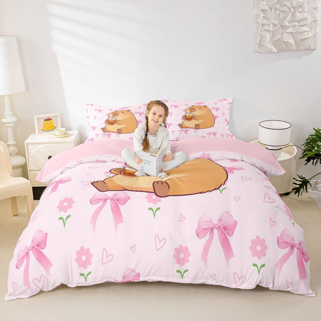 Homemissing Rosa Schleifen Capybara Bettwäsche 135x200cm süsses Mädchen-Design für Kinderzimmer,Bett