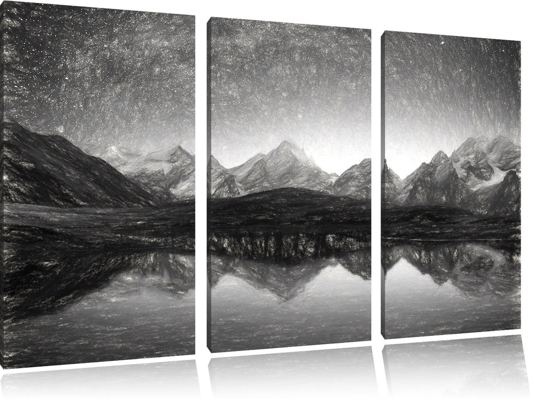 Pixxprint Sternenhimmel über dem Gebirge / 3-Teilig/Gesamtmass 120cm Leinwandbild bespannt auf Holzr