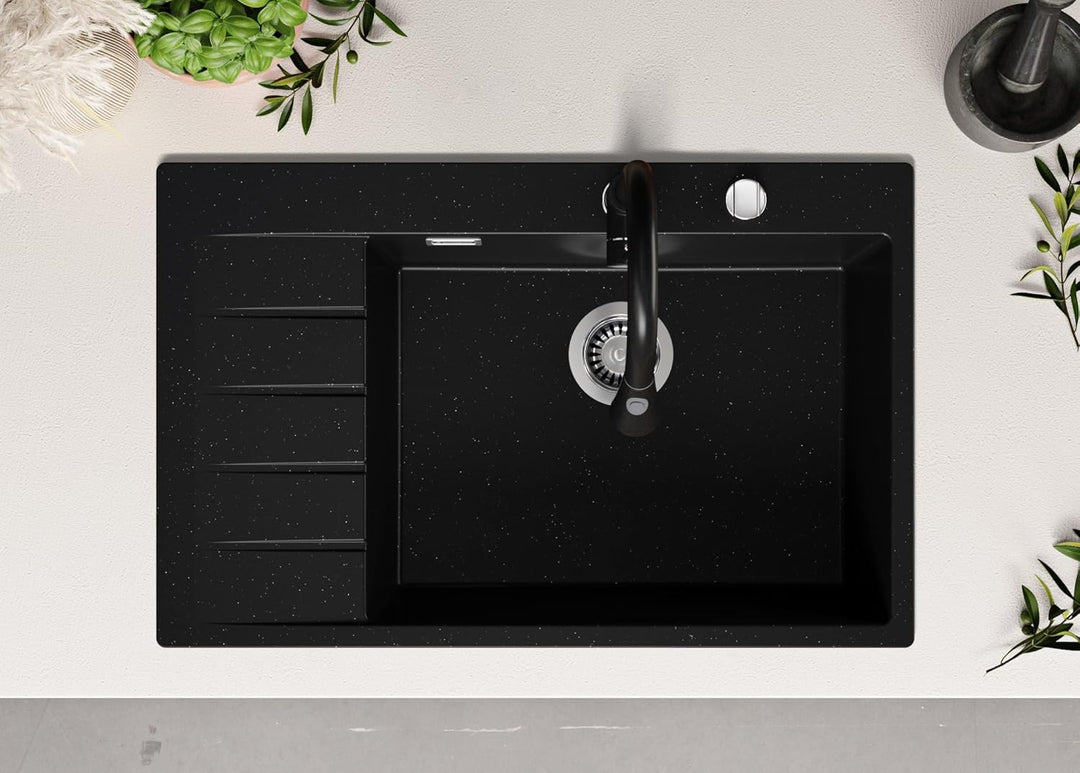 PRIMAGRAN Spülbecken Schwarz Metallic 78x50cm, Granitspüle 1 Becken + Ablauf-Set, Küchenspüle ab 60e