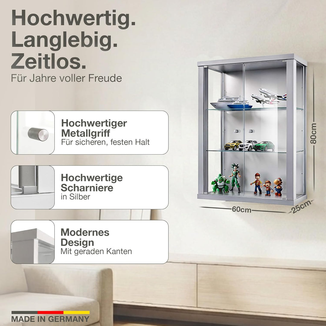 K-Möbel Hängevitrine Glas in Alu/Silber (80x60x25 cm) mit 2 höhenverstellbaren Glasböden - Modellaut