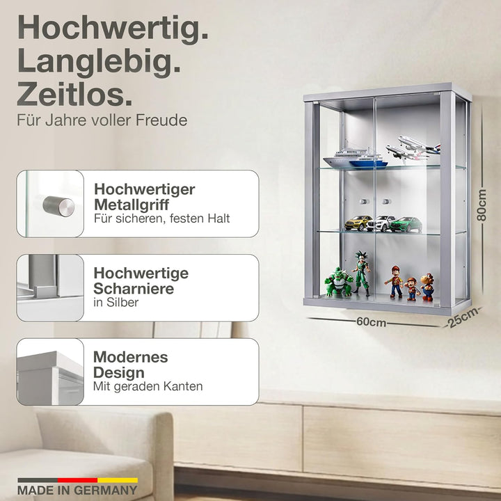 K-Möbel Hängevitrine Glas in Alu/Silber (80x60x25 cm) mit 2 höhenverstellbaren Glasböden - Modellaut
