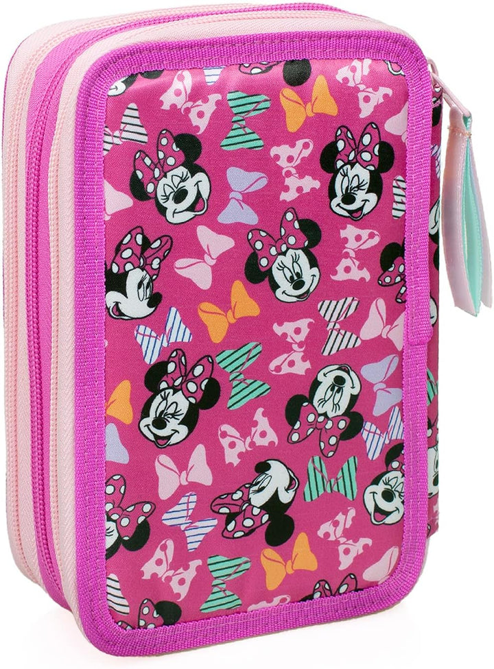 L'ERBAVOGLIO Federmäppchen für Schule, 3 Reissverschluss, komplett mit 44 Stück, Minnie (Rosa/Fuchsi