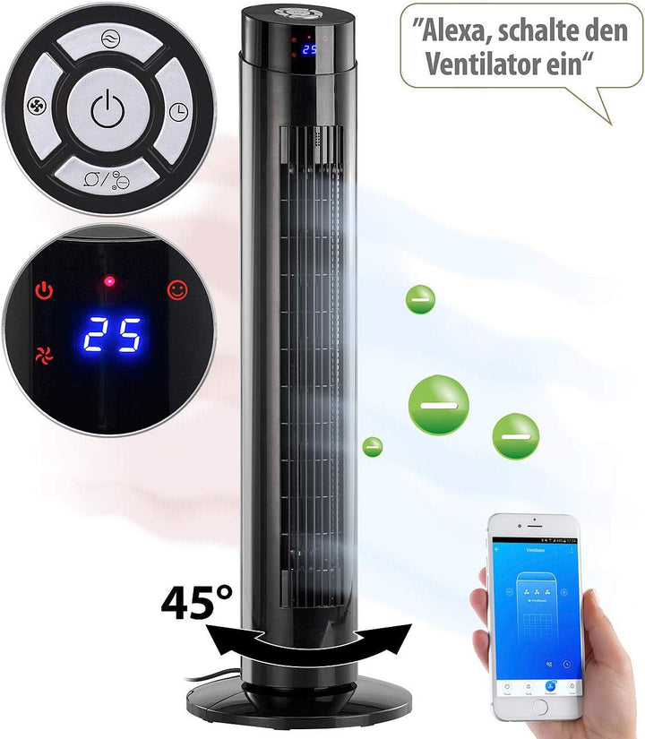 Sichler Haushaltsgeräte Ventilator Turm: Turmventilator, Ionisator, WLAN & App, Siri, Alexa & Google