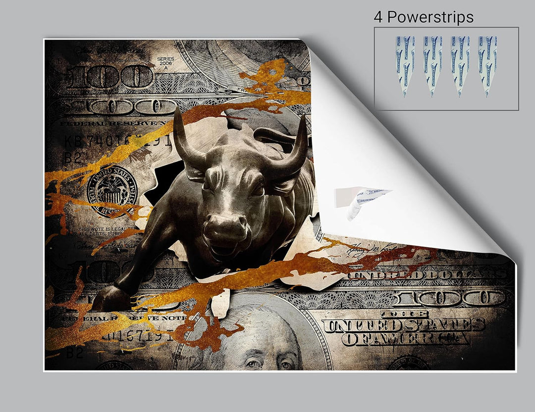 wandmotiv24 Poster als Wanddeko, Grösse Din A1, Stier stürmt durch Geldschein, Dollar, Geld, Tier, M