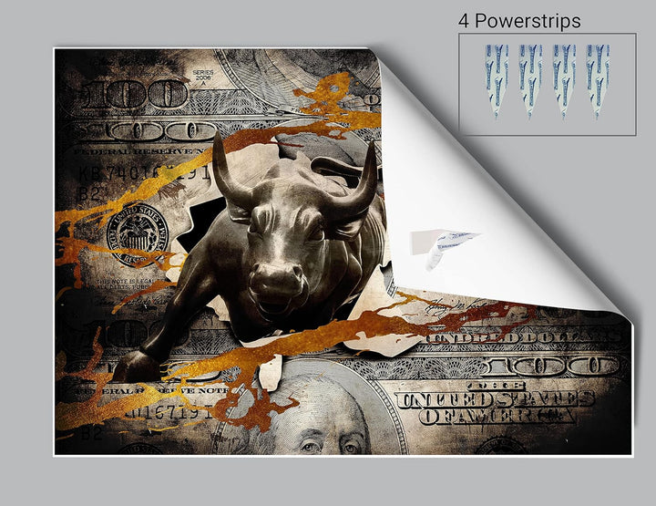 wandmotiv24 Poster als Wanddeko, Grösse Din A1, Stier stürmt durch Geldschein, Dollar, Geld, Tier, M