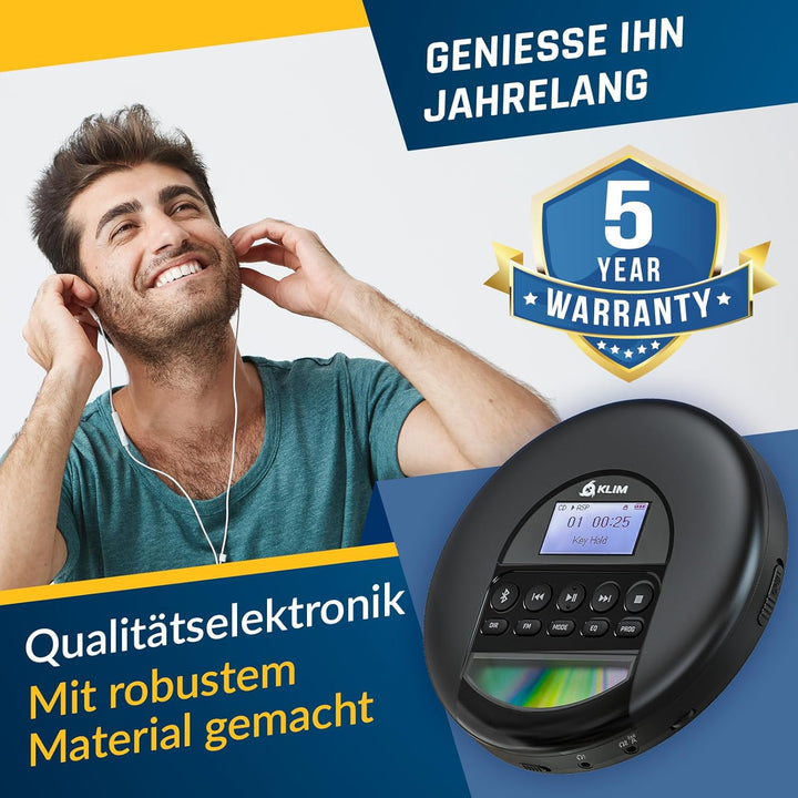 KLIM Nomad - NEU 2023 - Tragbarer CD-Player Discman mit langlebigem Akku - Inklusive KLIM Fusion Kop