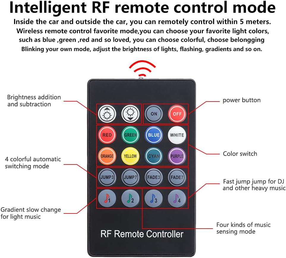 TABEN Auto Umgebungslicht RGB Fernbedienung Dekorative Lampe DIY Refit Flexibles Glasfaserrohr 8 Far