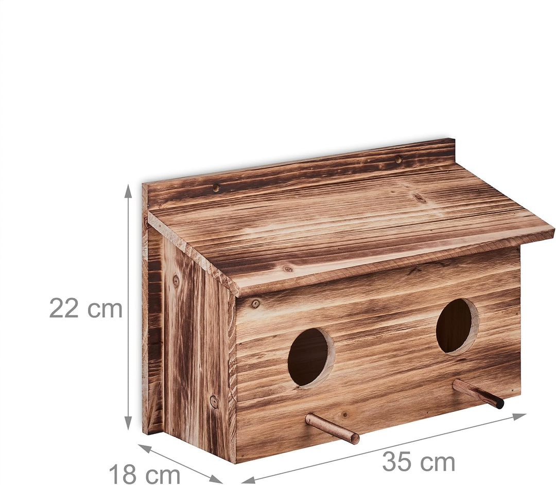 Relaxdays Nistkasten für Stare, natürliches Tannenholz, 2X Einflugloch 5 cm, Sitzstange, Vogelhaus z
