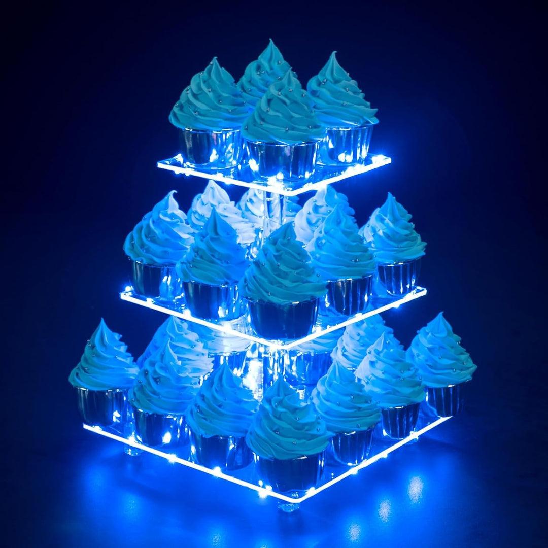 3 Etagen Cupcake Ständer, Blau LED Lichterkette de Tortenständer Acryl für Hochzeit, Party, Geburtst