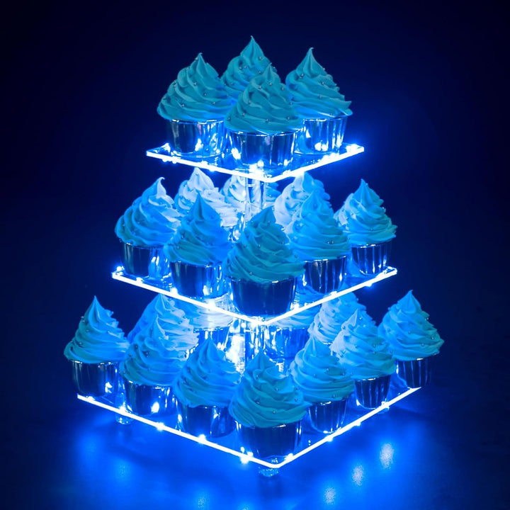 3 Etagen Cupcake Ständer, Blau LED Lichterkette de Tortenständer Acryl für Hochzeit, Party, Geburtst