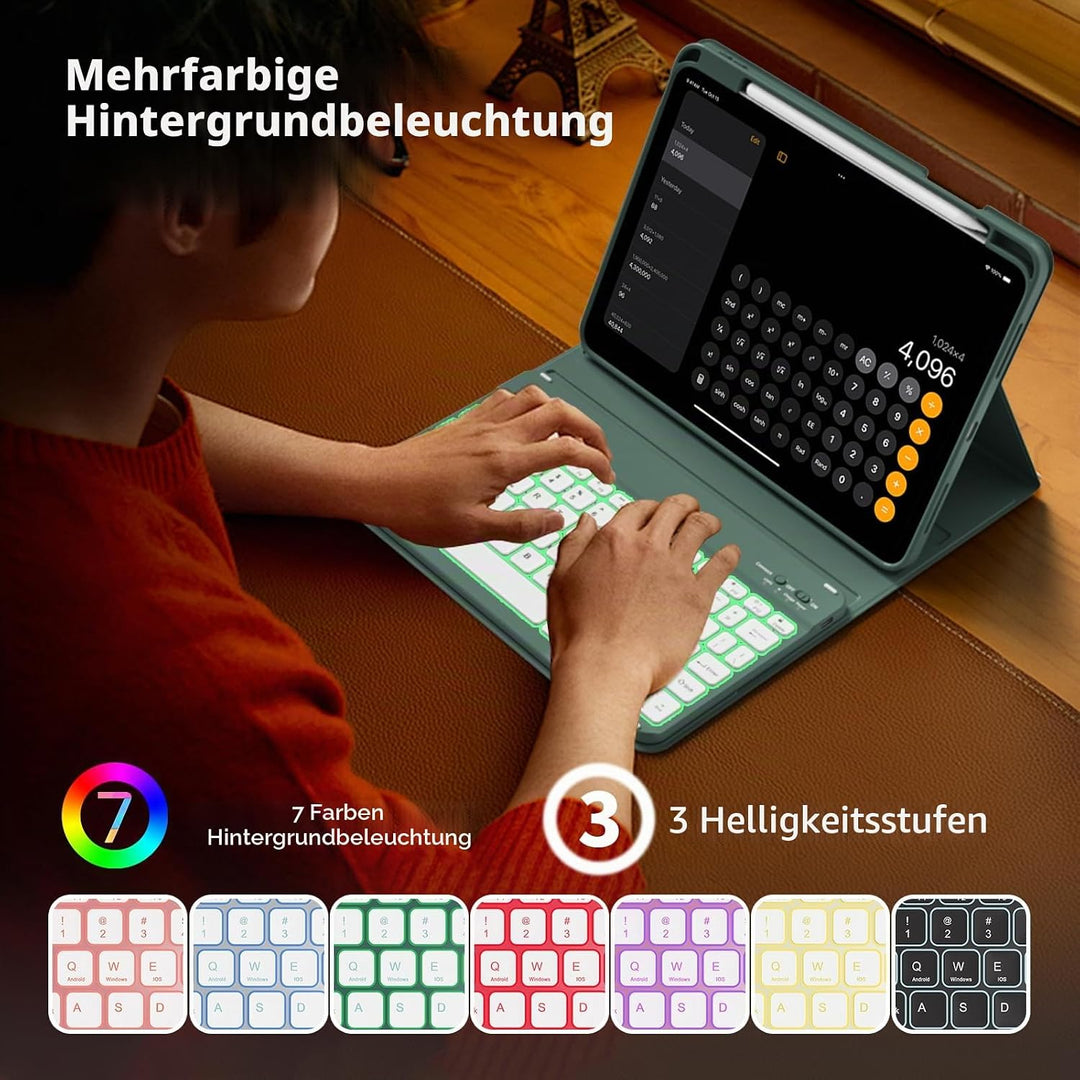 Hülle mit Tastatur für iPad 11 Generation A16/10 Generation (11/10.9 Zoll, 2025/2022), 7-farbige Bel