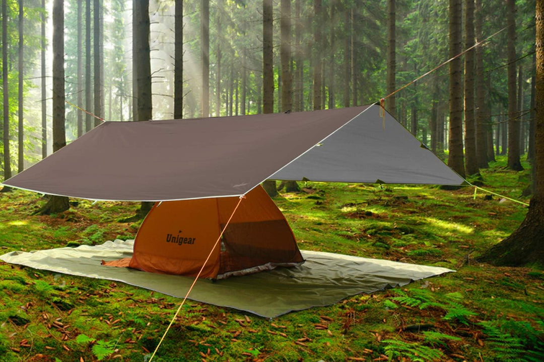 Unigear Tarp 3x3 3x4 3x5 4x4 wasserdicht, Zeltplane für Hängematte mit Ösen + 6/8 Erdnägel + 6/8 Sei