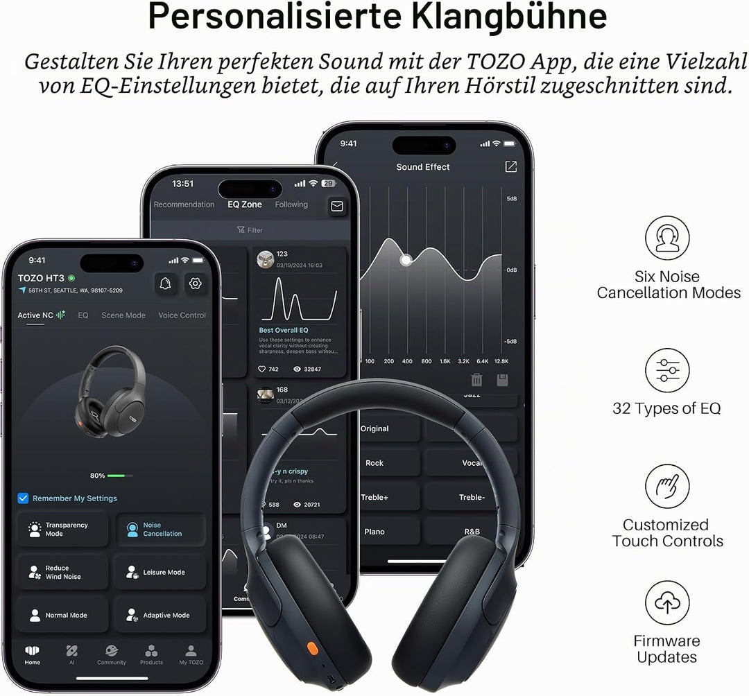 TOZO HT3 Kopfhörer Kabellos Bluetooth Over Ear, Noise Cancelling Kopfhörer mit 5 Mics,90 Std, Hi-Res