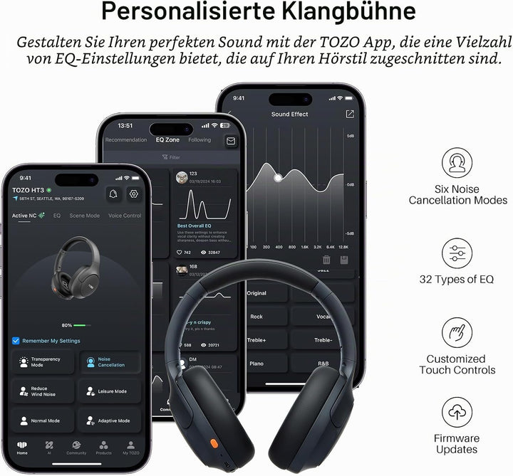 TOZO HT3 Kopfhörer Kabellos Bluetooth Over Ear, Noise Cancelling Kopfhörer mit 5 Mics,90 Std, Hi-Res
