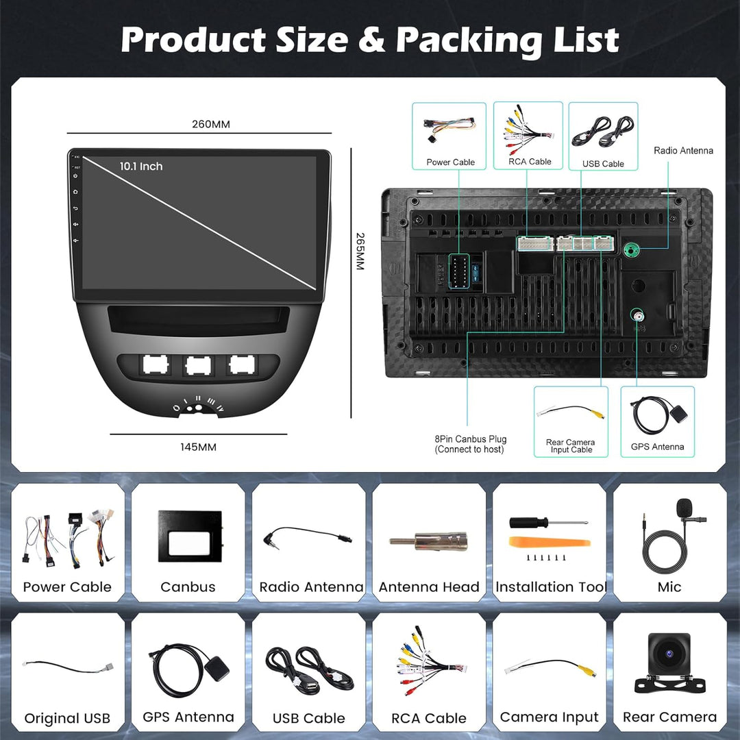 Hikity Autoradio Android 15 für Peugeot 107/Toyota Aygo/Citroen C1 2004-2014, 4GB+64GB, 2-DIN-Autost