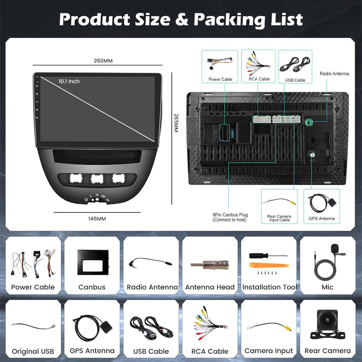 Hikity Autoradio Android 15 für Peugeot 107/Toyota Aygo/Citroen C1 2004-2014, 4GB+64GB, 2-DIN-Autost
