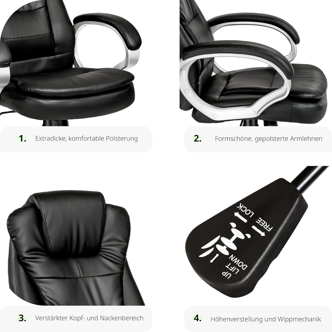 tectake Chefsessel, Bürostuhl ergonomisch, Drehstuhl mit Rollen, Gaming Stuhl, hohe Rückenlehne und