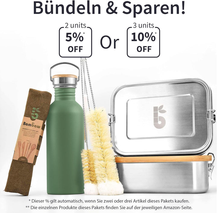 Bambaw Trinkflasche Edelstahl 500ml, Nicht-isolierte Trinkflasche Grün, Kinder Trinkflasche Edelstah