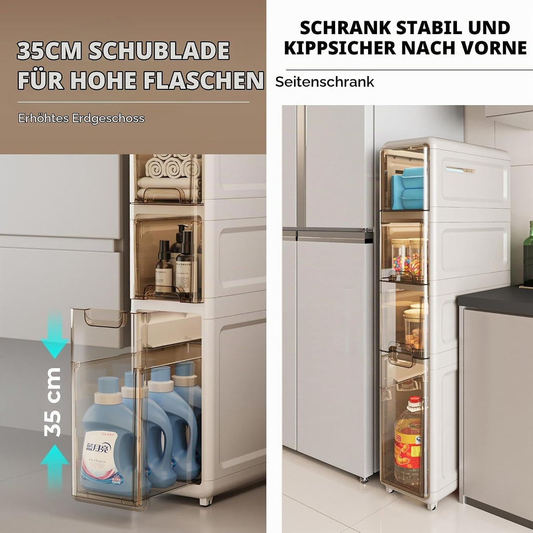 Schmaler Badezimmer-Organizer. Zusätzlicher Aufbewahrungsschrank mit Rollen für enge Räume. Beistell