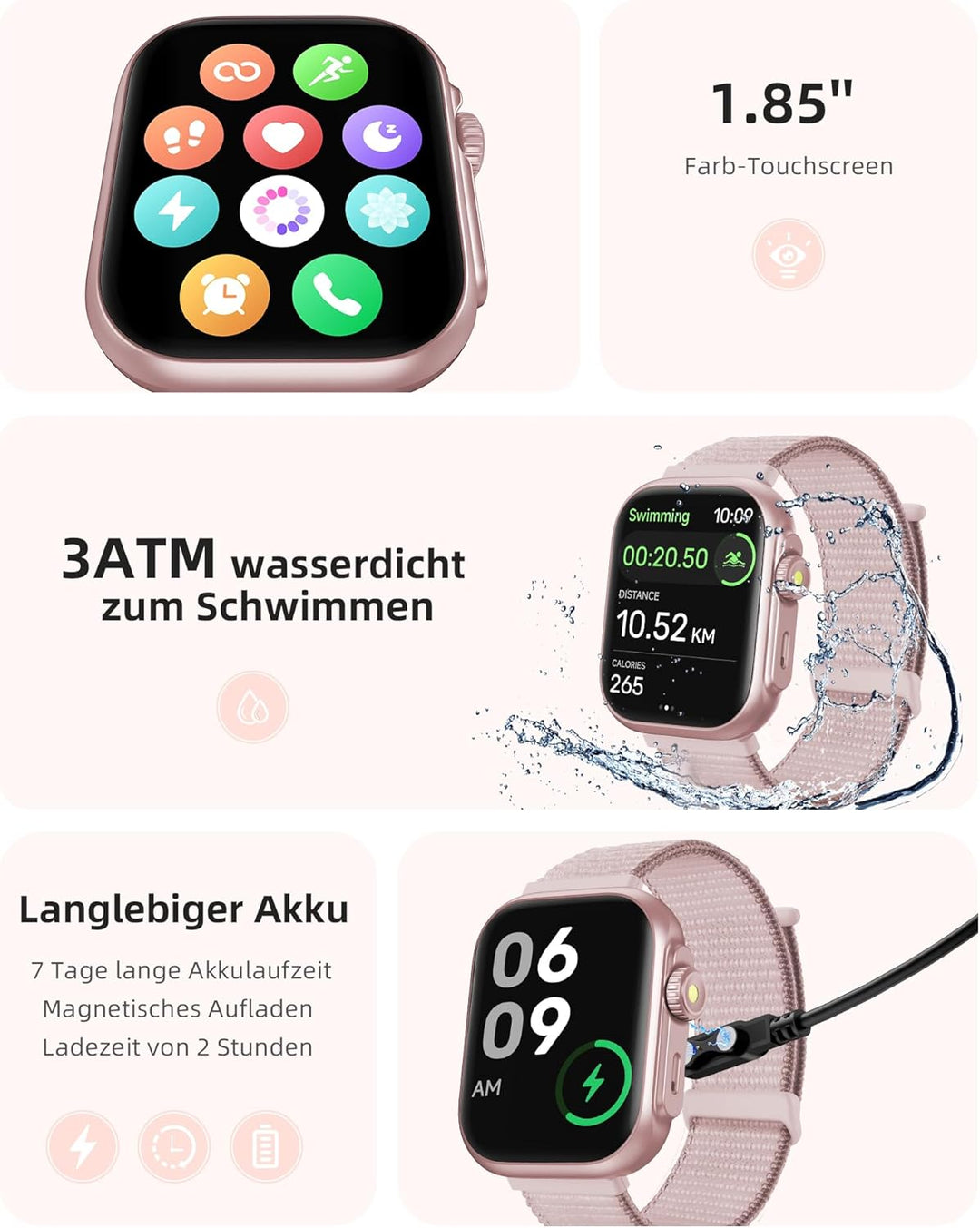 Parsonver Smartwatch Damen mit Telefonfunktion, Fitnessuhr mit GPS, 3 ATM wasserdichte für Schwimmen