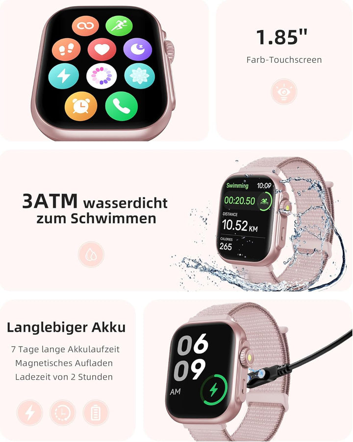 Parsonver Smartwatch Damen mit Telefonfunktion, Fitnessuhr mit GPS, 3 ATM wasserdichte für Schwimmen