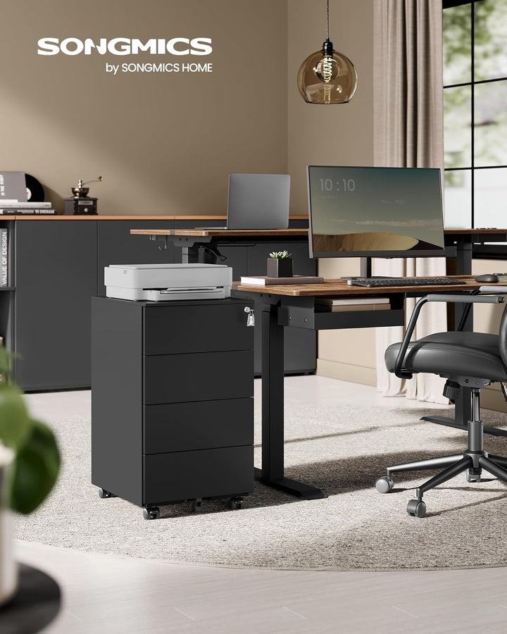 SONGMICS Rollcontainer, Metallschrank, mobiler Aktenschrank, Druckertisch, abschliessbar, 4 Schublad