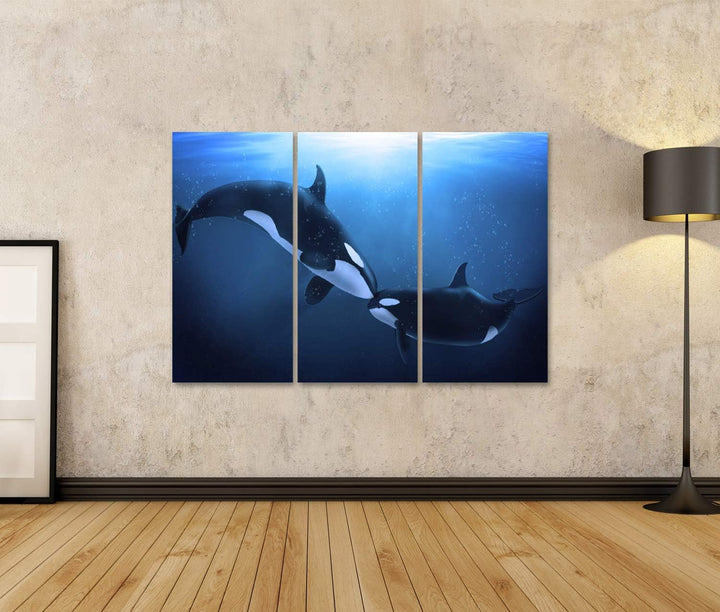 islandburner Bild auf Leinwand Orcas Wale In Der Tiefsee Wal Bilder Wandbilder Poster Leinwand 130x8