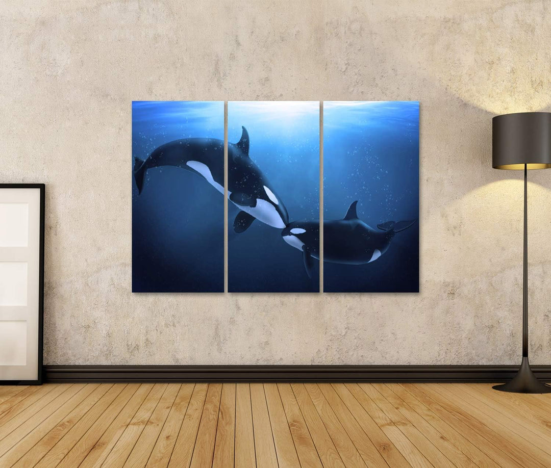 islandburner Bild auf Leinwand Orcas Wale in der Tiefsee Zärtlichkeit Wandbild Poster Kunstdruck Bil
