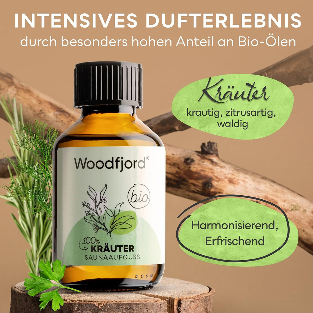 WOODFJORD Saunaaufguss Kräuter BIO 3 x 100 ml I Premium Sauna Aufgussmittel für authentische und nac
