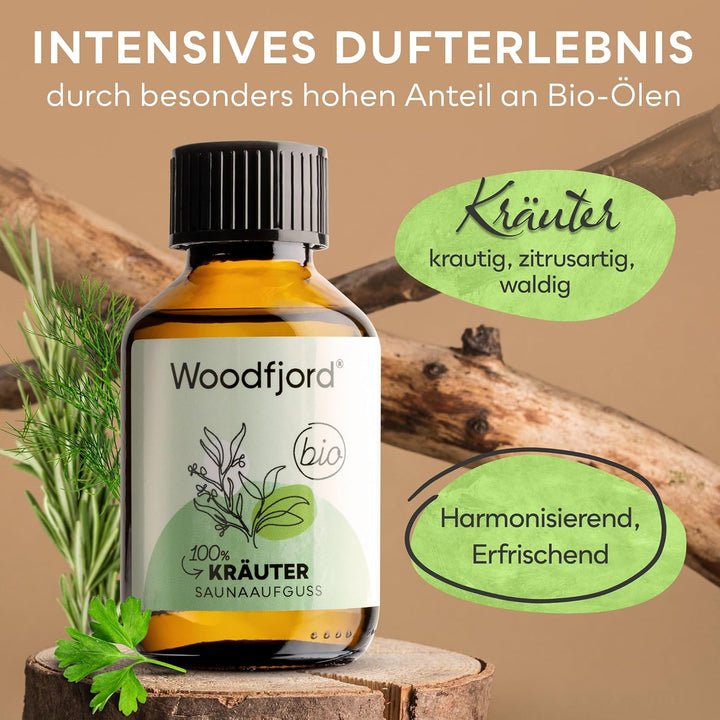 WOODFJORD Saunaaufguss Kräuter BIO 3 x 100 ml I Premium Sauna Aufgussmittel für authentische und nac