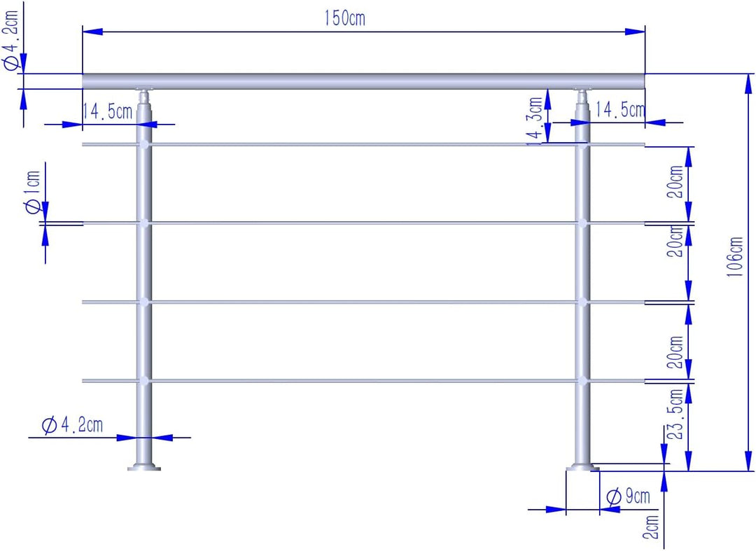 CAVATINY Edelstahl Handlauf Geländer für Treppen Brüstung Balkon mit 4 Querstreben - Innen und Ausse