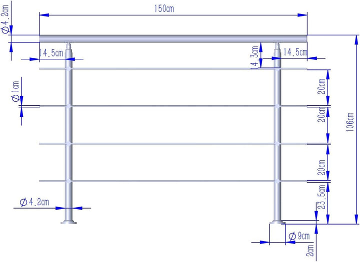 CAVATINY Edelstahl Handlauf Geländer für Treppen Brüstung Balkon mit 4 Querstreben - Innen und Ausse