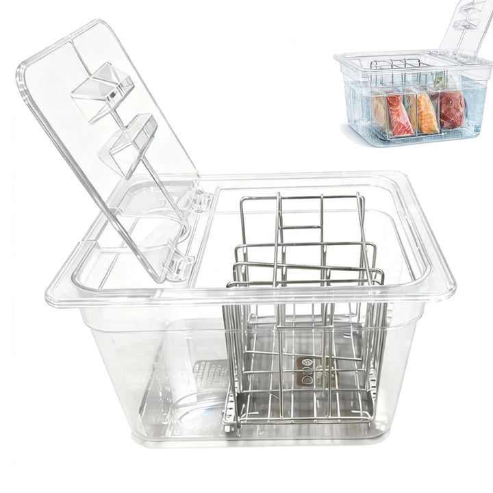 Sous Vide Behälter, 11L Upgrade mit Klappdeckel und Edelstahl-Rack 32,5×26,5×20 cm für Meisten Sous